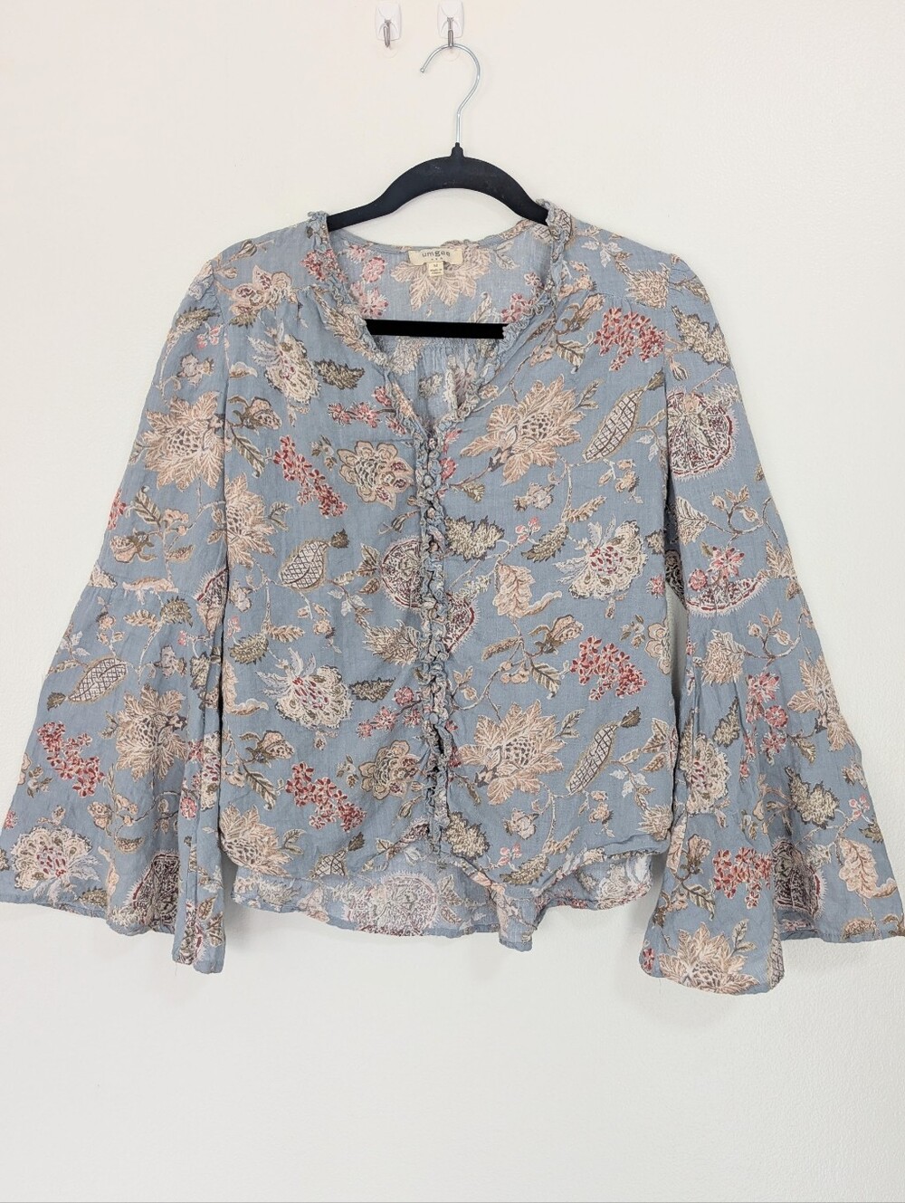 Umgee Dusty Blue Floral Boho Bell Sleeve Button Front Blouse Medium